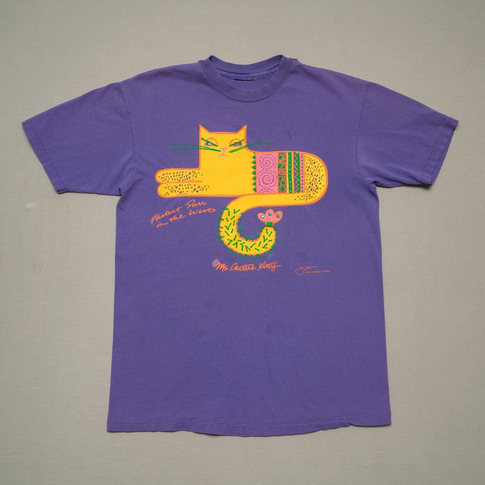 Vintage 90s Cactus Cat Art T Shirt Purple Gems Low + Behold 1990 Distressed M
